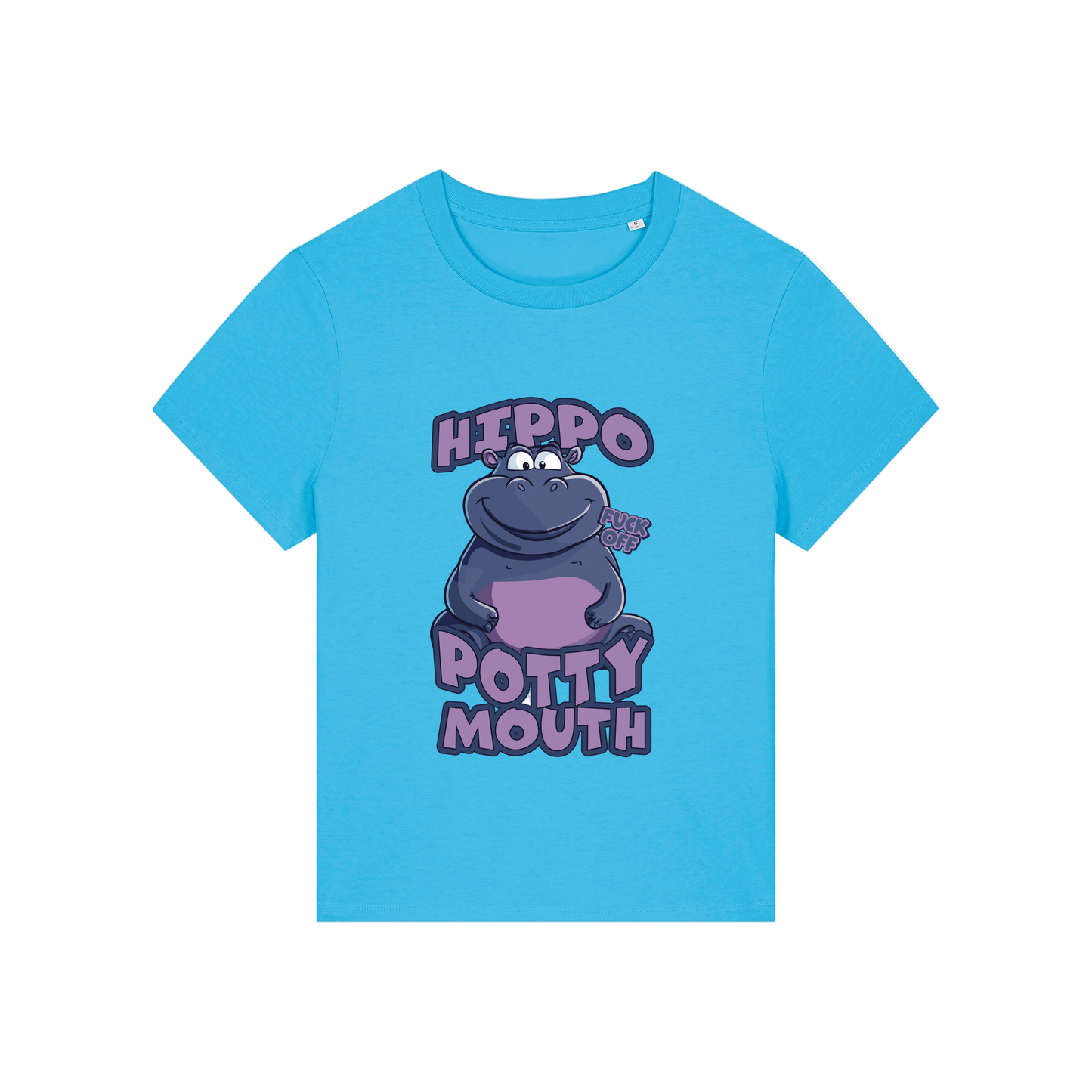blue funny animal t-shirt with the graphic of a hippo and the slogan 'hippo potty mouth'
