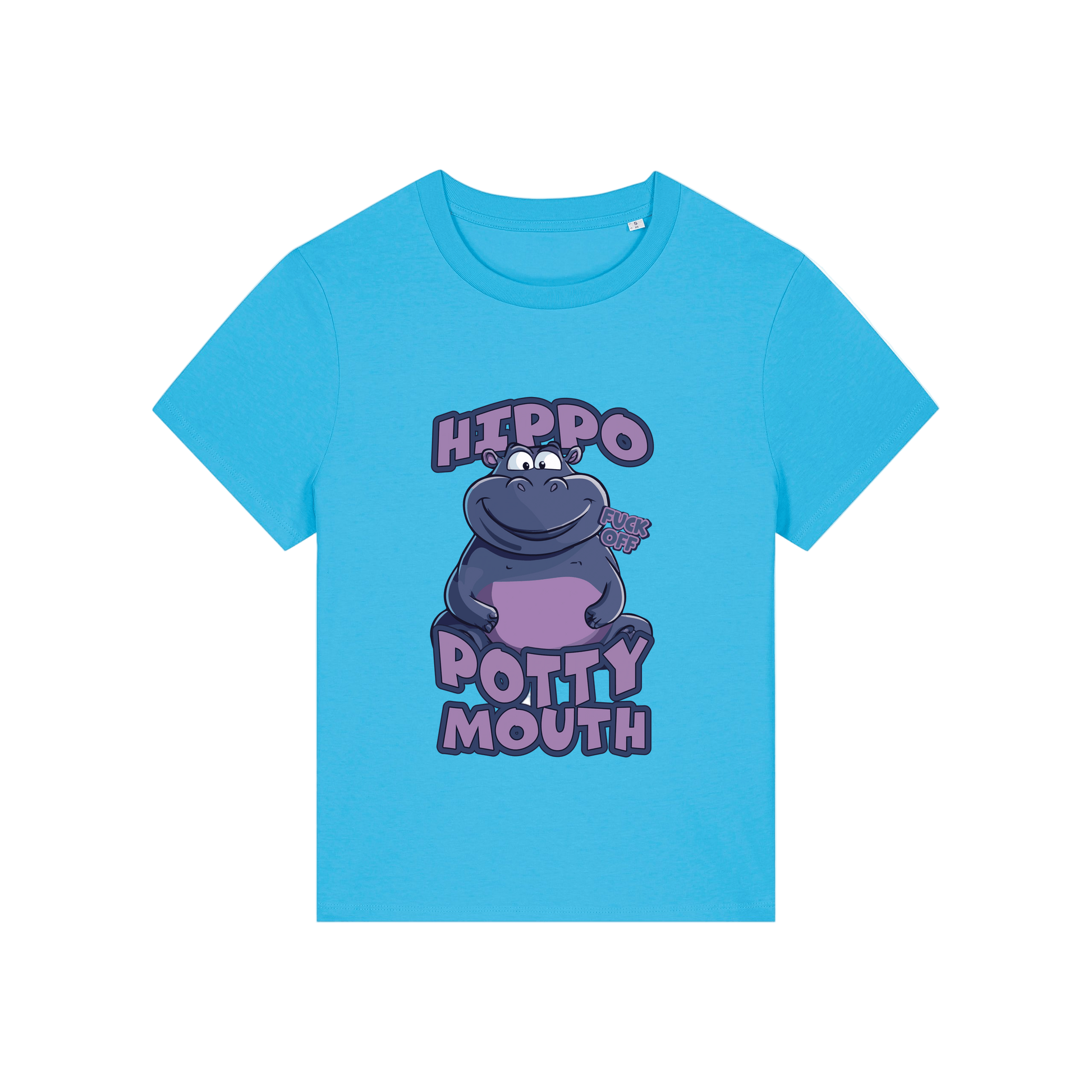 blue funny animal t-shirt with the graphic of a hippo and the slogan 'hippo potty mouth'