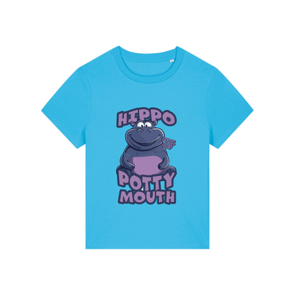 blue funny animal t-shirt with the graphic of a hippo and the slogan 'hippo potty mouth'