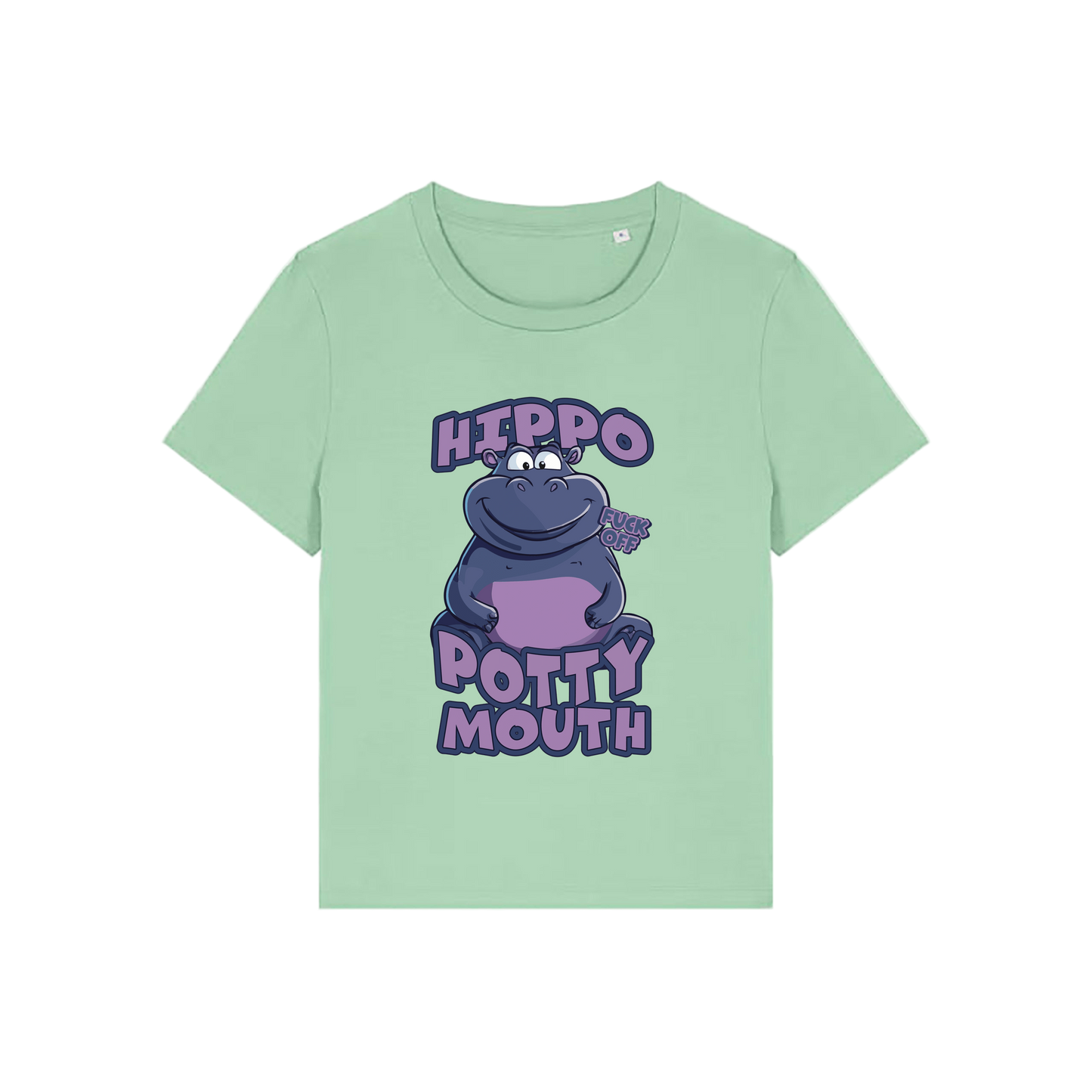 green funny animal t-shirt with the graphic of a hippo and the slogan 'hippo potty mouth'
