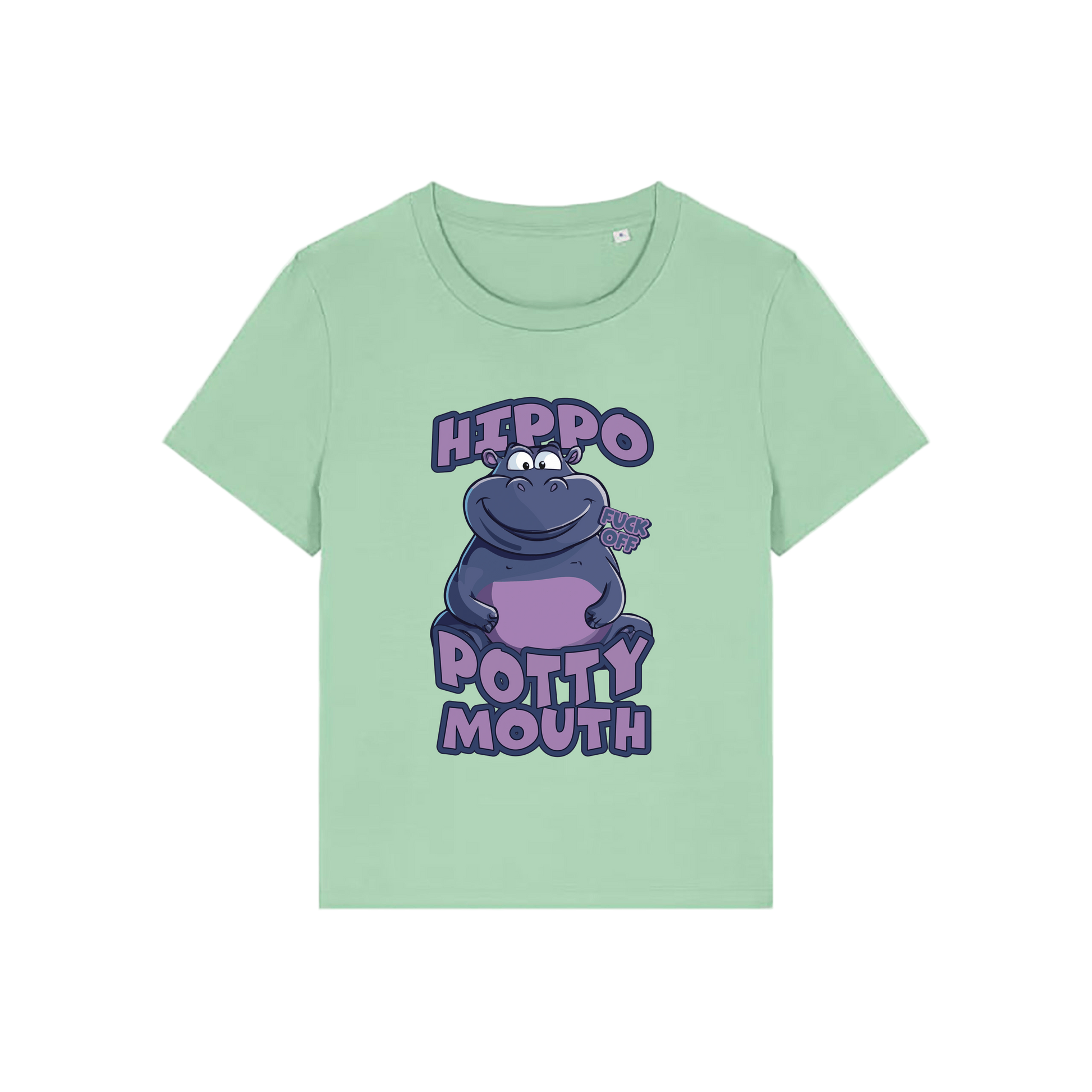 green funny animal t-shirt with the graphic of a hippo and the slogan 'hippo potty mouth'
