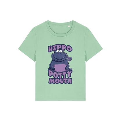 green funny animal t-shirt with the graphic of a hippo and the slogan 'hippo potty mouth'