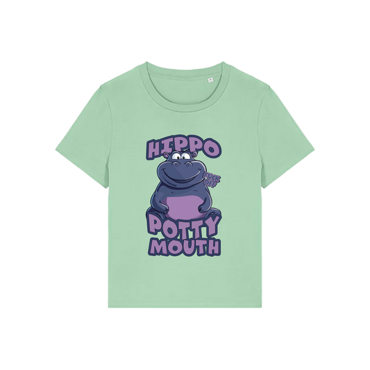 green funny animal t-shirt with the graphic of a hippo and the slogan 'hippo potty mouth'