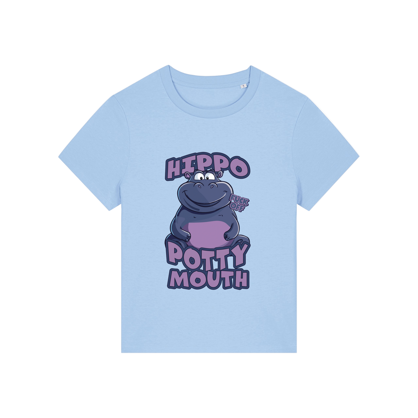 light blue funny animal t-shirt with the graphic of a hippo and the slogan 'hippo potty mouth'