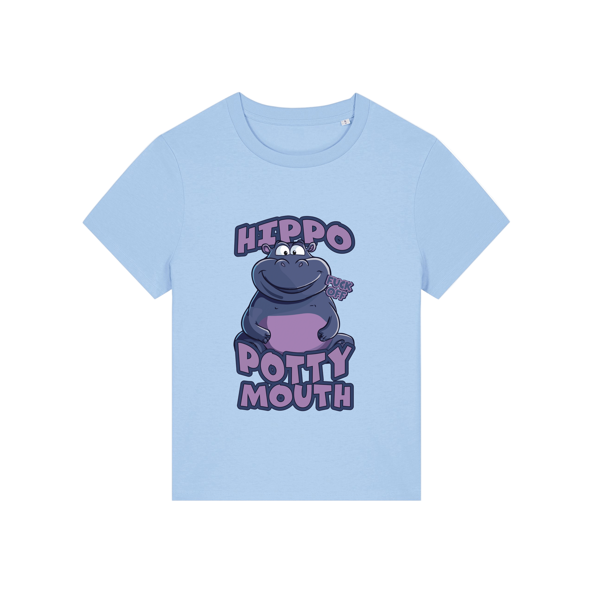 light blue funny animal t-shirt with the graphic of a hippo and the slogan 'hippo potty mouth'