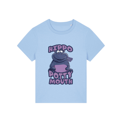 light blue funny animal t-shirt with the graphic of a hippo and the slogan 'hippo potty mouth'