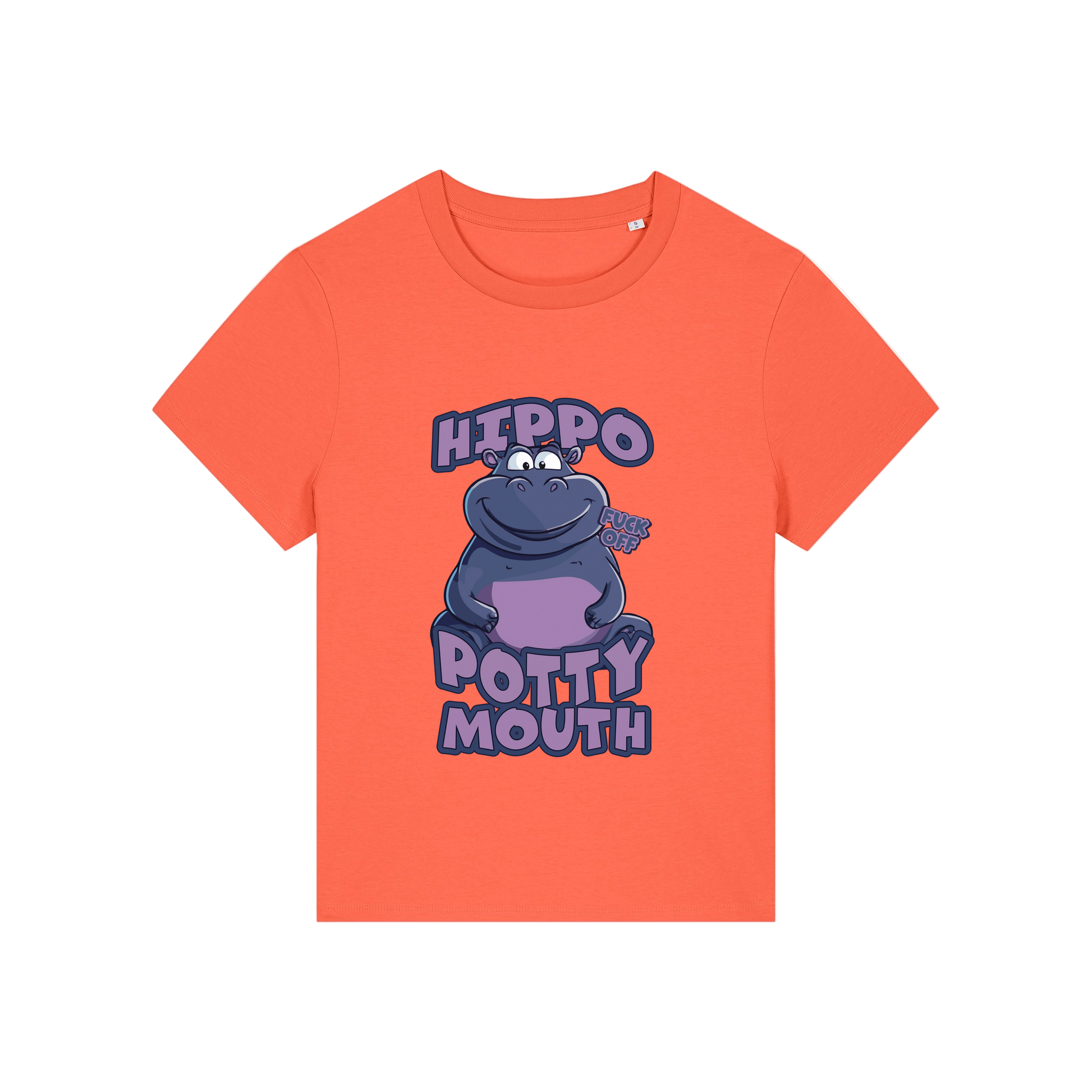 orange funny animal t-shirt with the graphic of a hippo and the slogan 'hippo potty mouth'