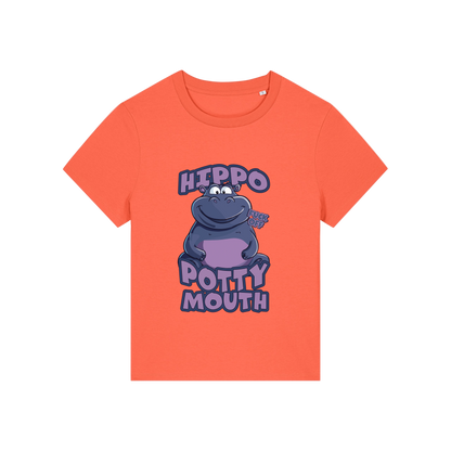 orange funny animal t-shirt with the graphic of a hippo and the slogan 'hippo potty mouth'