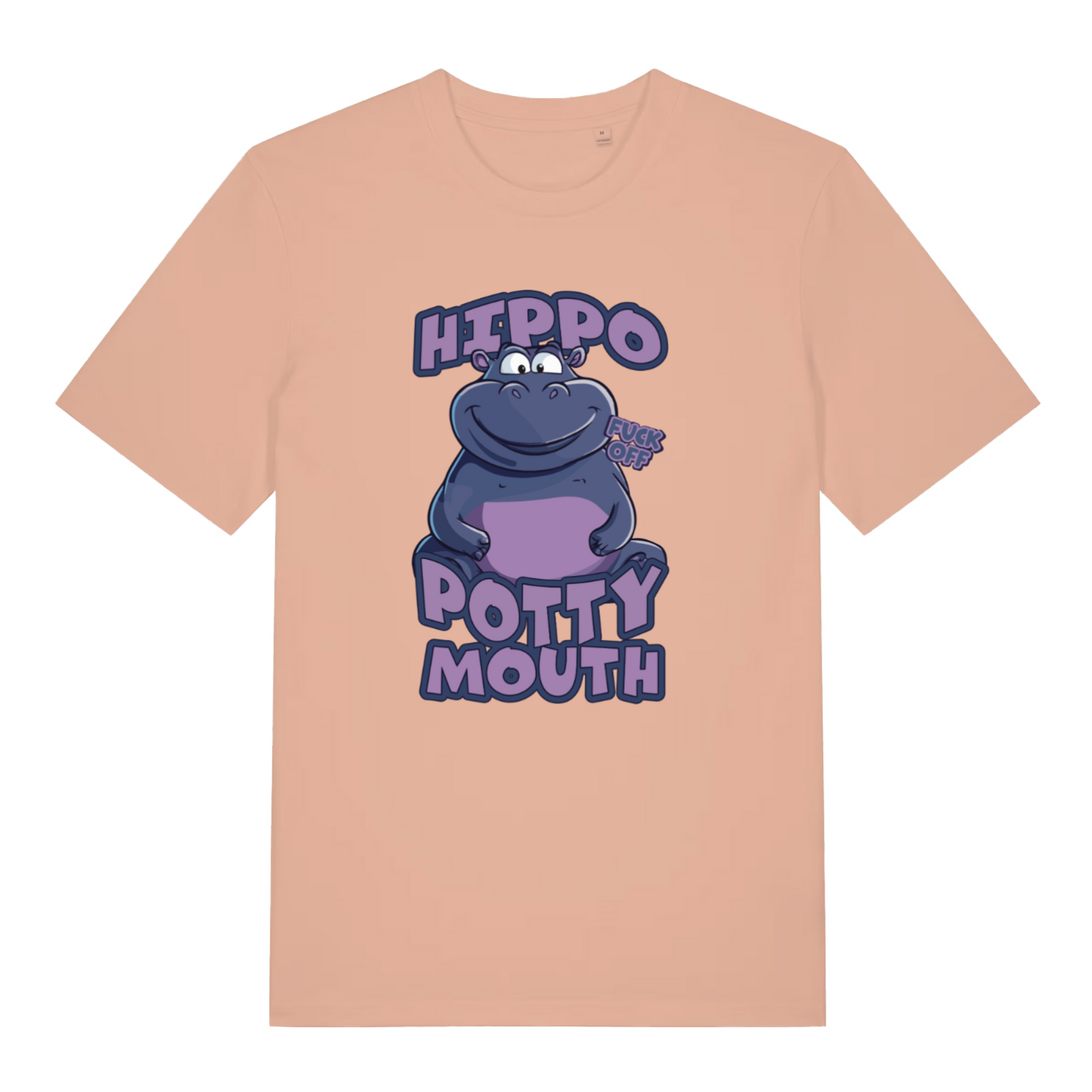 peach women's funny animal t-shirt with the graphic of a hippo and the slogan 'hippo potty mouth'