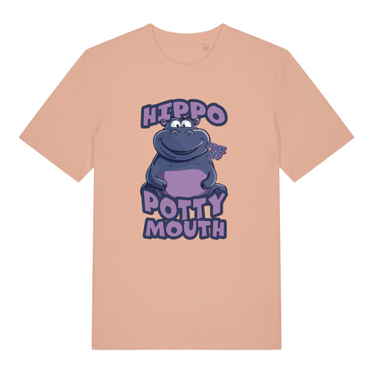 peach women's funny animal t-shirt with the graphic of a hippo and the slogan 'hippo potty mouth'