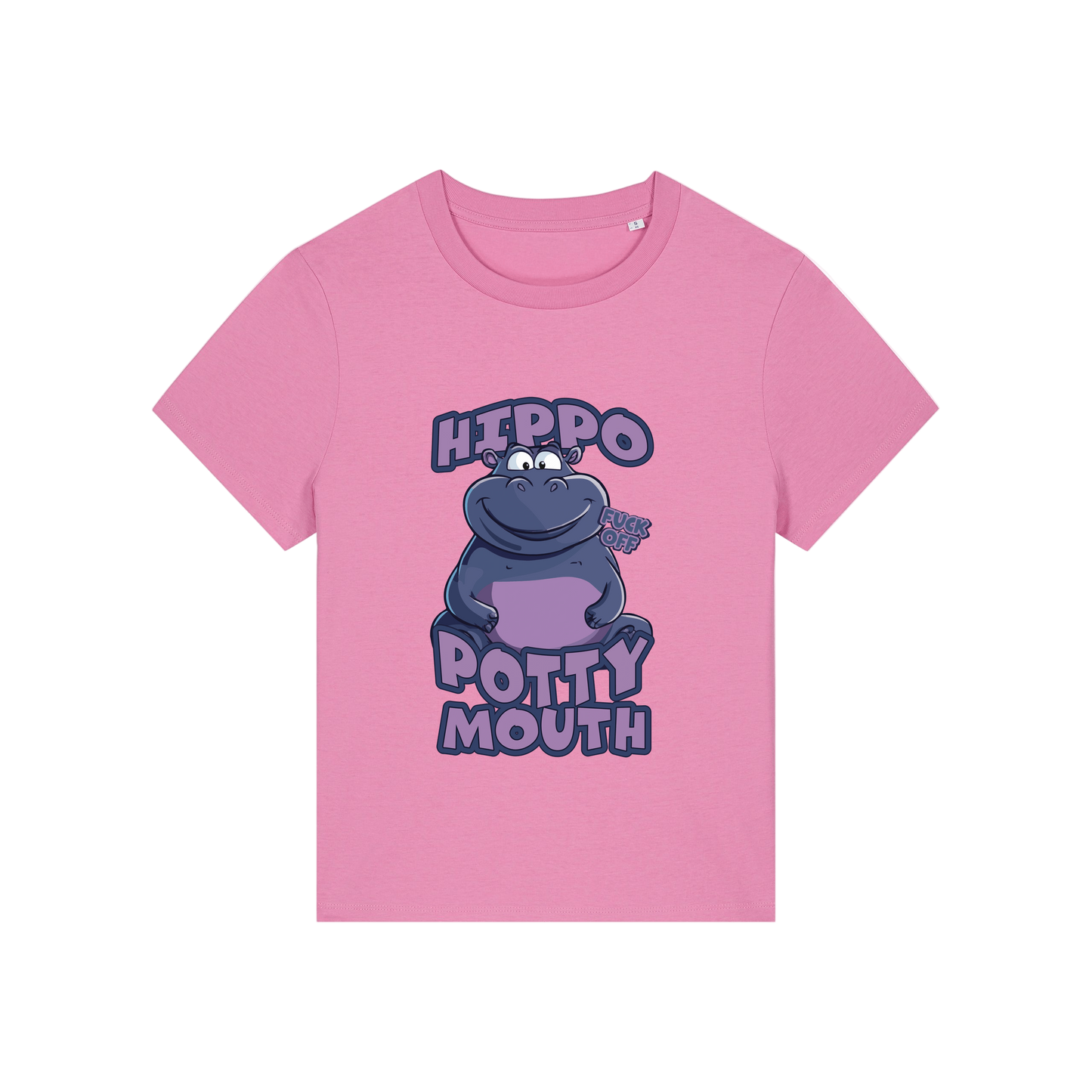 pink funny animal t-shirt with the graphic of a hippo and the slogan 'hippo potty mouth'