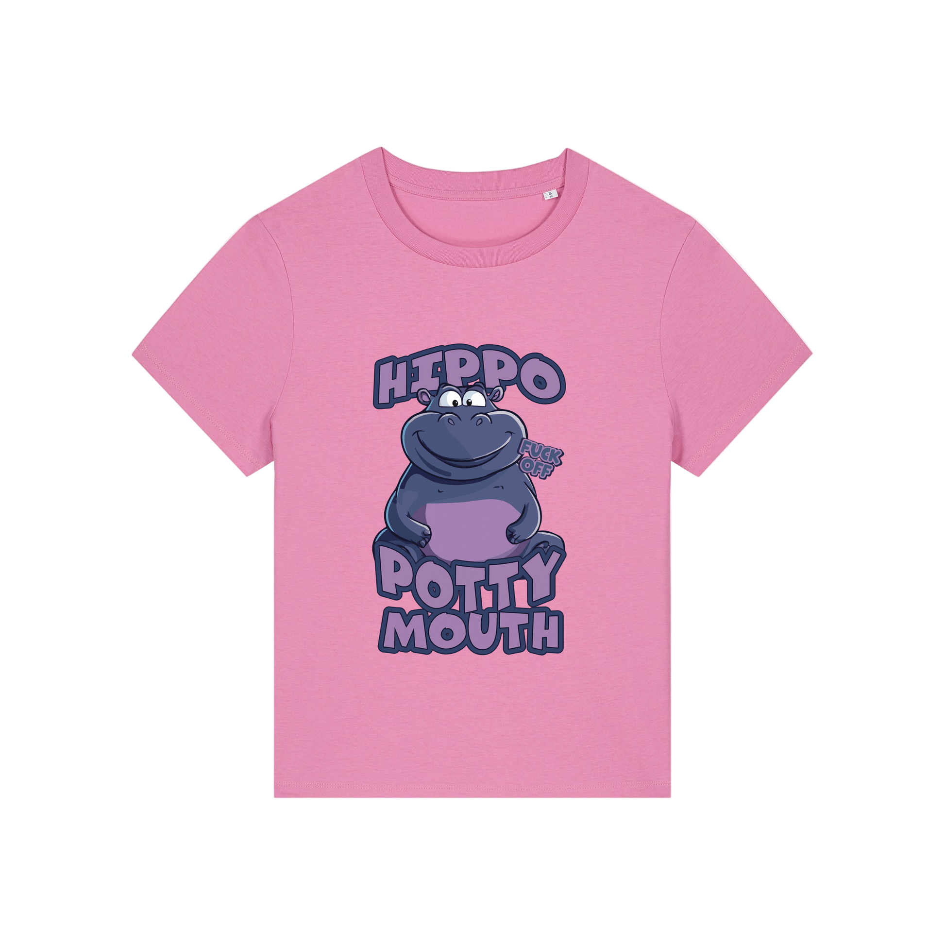 pink funny animal t-shirt with the graphic of a hippo and the slogan 'hippo potty mouth'
