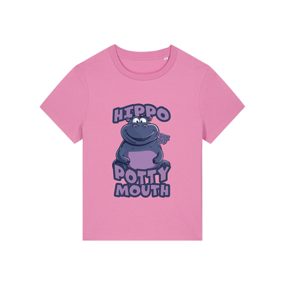 pink funny animal t-shirt with the graphic of a hippo and the slogan 'hippo potty mouth'