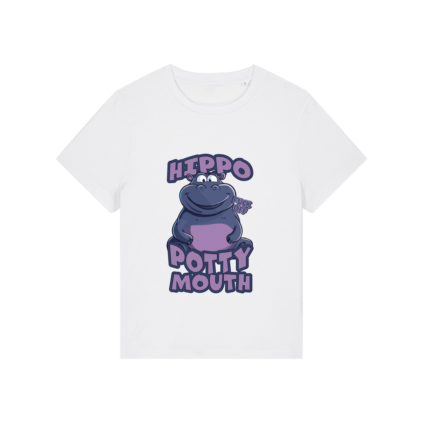 white funny animal t-shirt with the graphic of a hippo and the slogan 'hippo potty mouth'