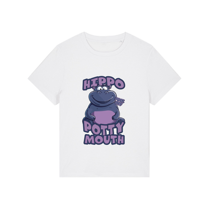 white funny animal t-shirt with the graphic of a hippo and the slogan 'hippo potty mouth'