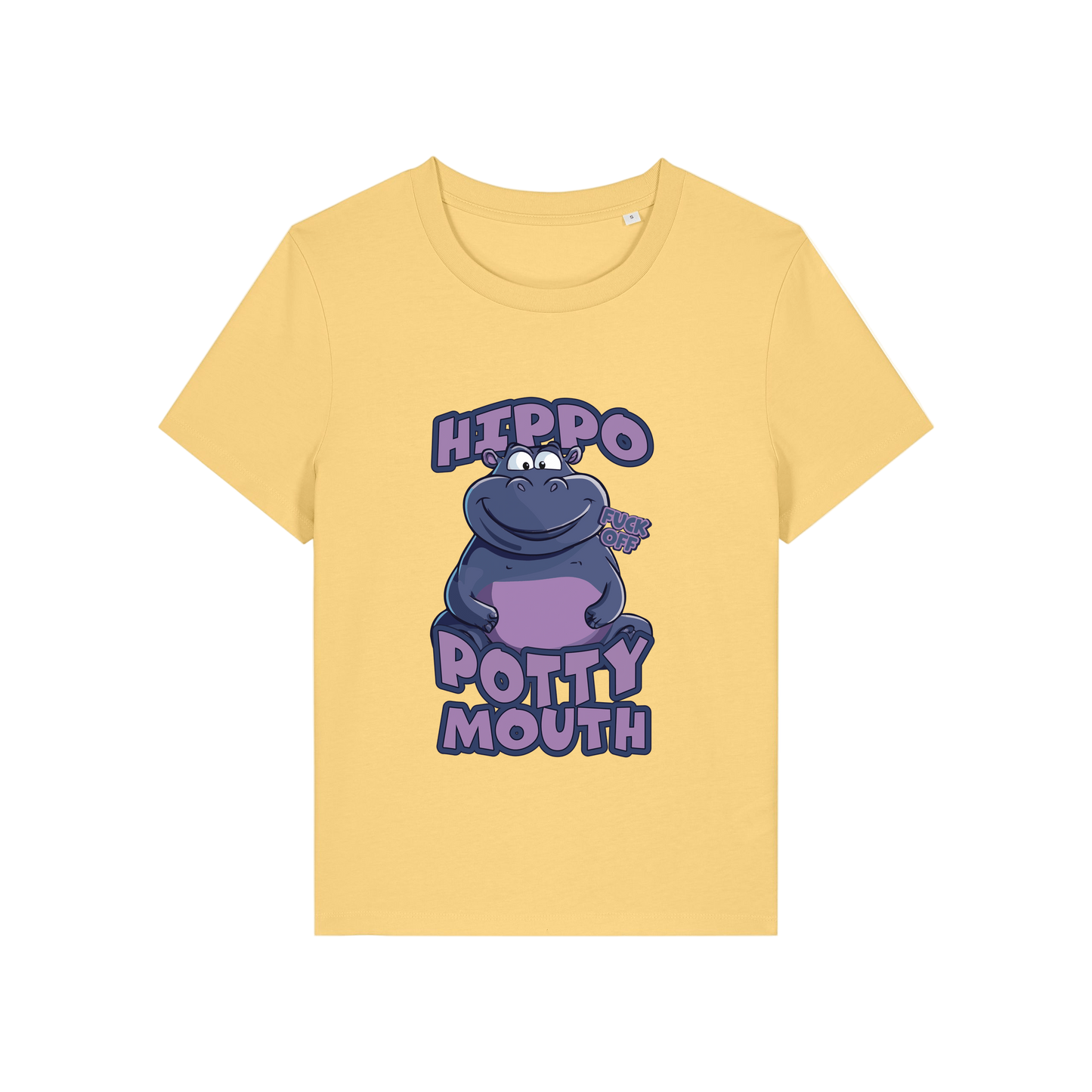 yellow funny animal t-shirt with the graphic of a hippo and the slogan 'hippo potty mouth'