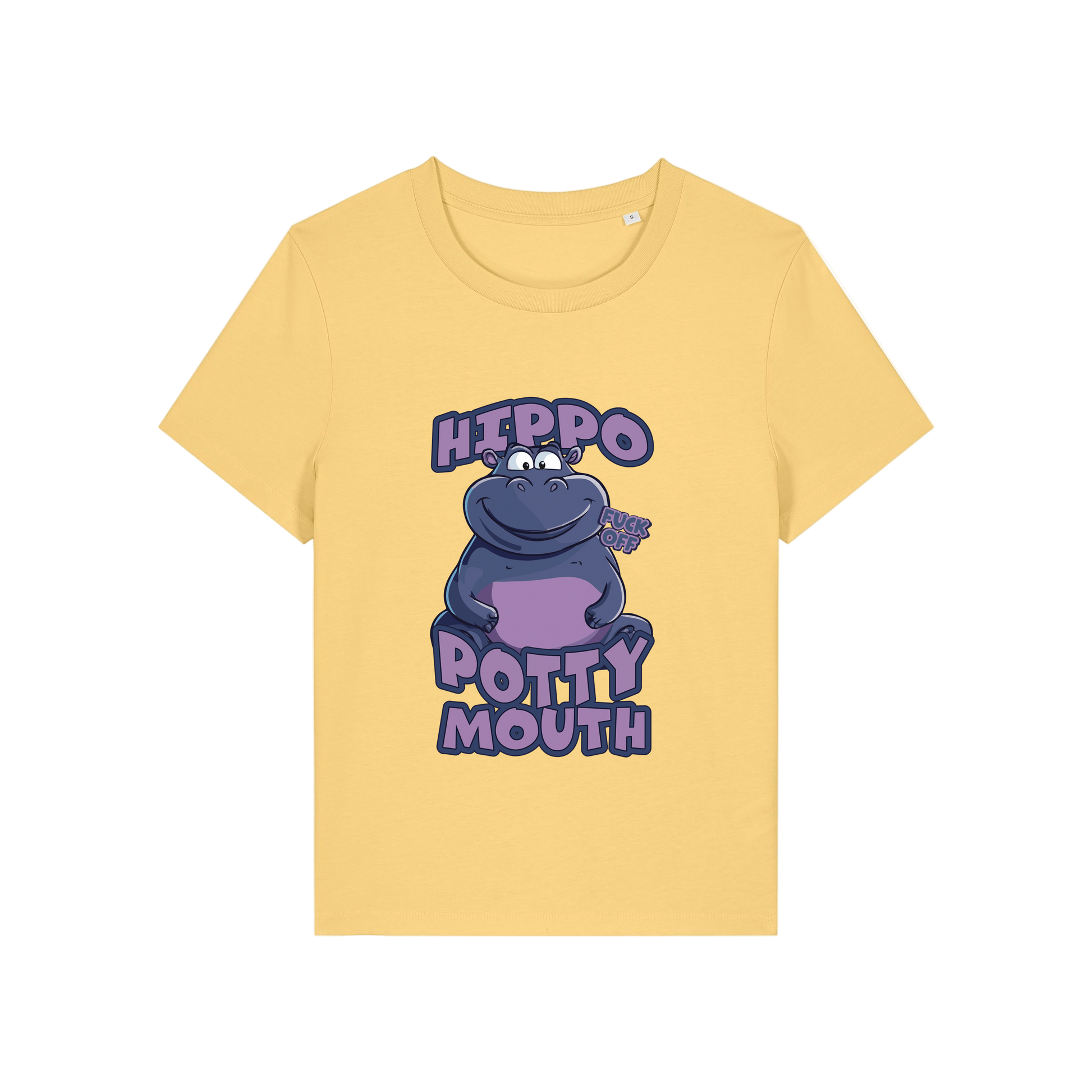 yellow funny animal t-shirt with the graphic of a hippo and the slogan 'hippo potty mouth'