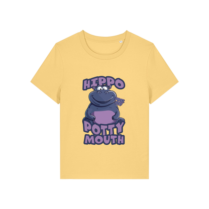 yellow funny animal t-shirt with the graphic of a hippo and the slogan 'hippo potty mouth'