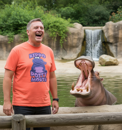 Man in orange 'Hippo Potty Mouth' shirt standing next to a hippo at a zoo.