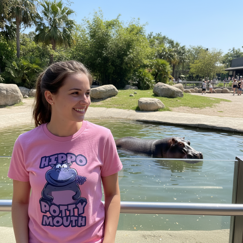 Person wearing a pink t-shirt with a hippo graphic and text, standing near a pool with a hippo in the background.