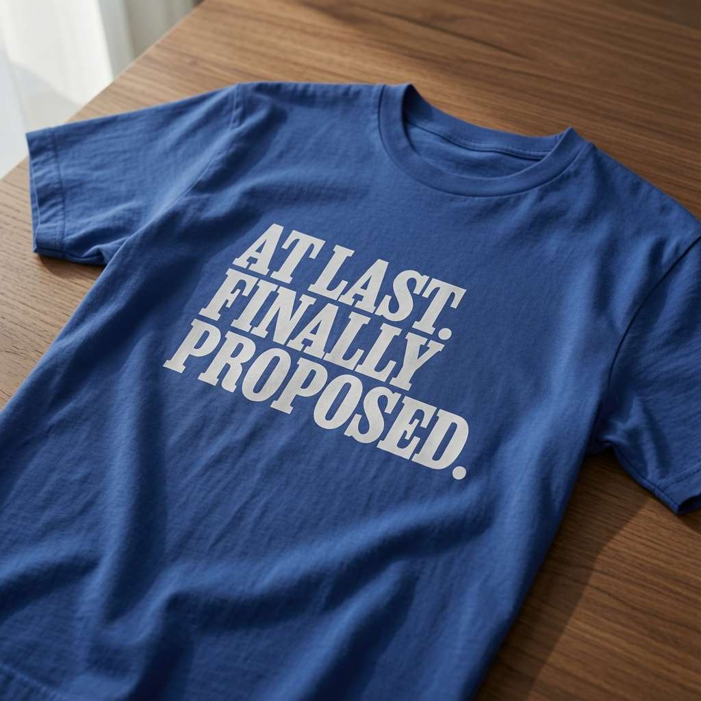 Blue At Last. Finally Proposed. t-shirt laid flat on a wooden table with bold white text, witty and fun mens Valentines matching proposal design
