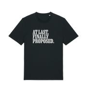 black matching t-shirt with the slogan 'at last finally proposed'