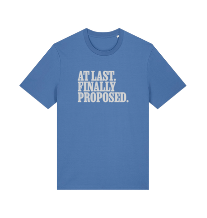 blue matching t-shirt with the slogan 'at last finally proposed'