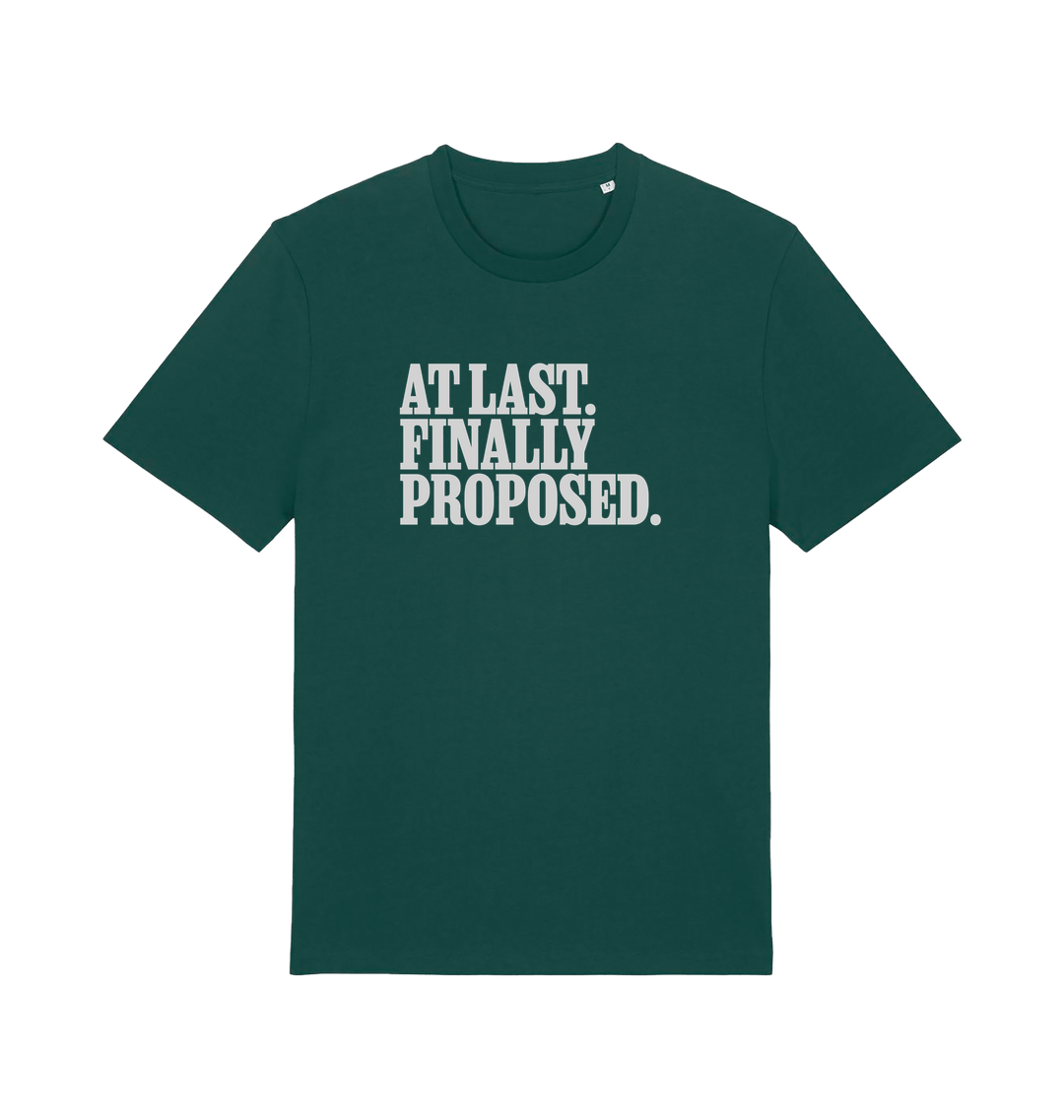 green matching t-shirt with the slogan 'at last finally proposed'