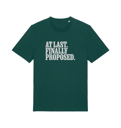 green matching t-shirt with the slogan 'at last finally proposed'