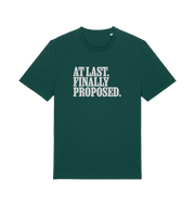 green matching t-shirt with the slogan 'at last finally proposed'