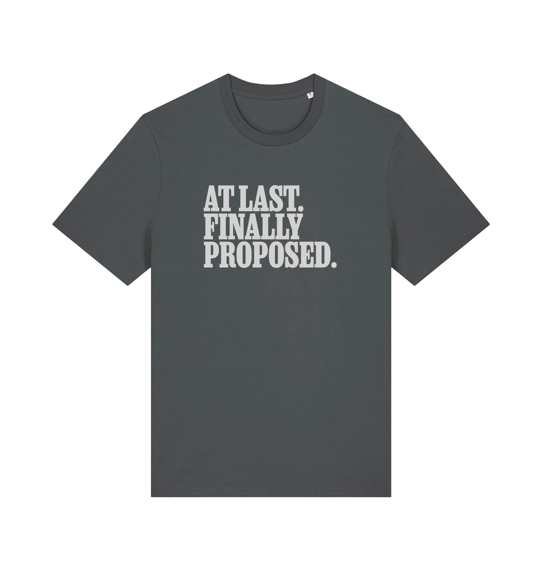 grey matching t-shirt with the slogan 'at last finally proposed'