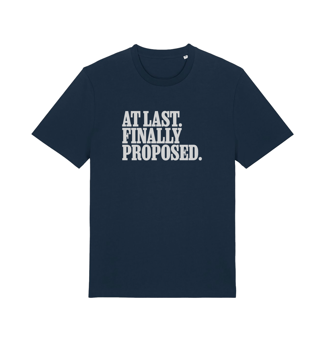 navy matching t-shirt with the slogan 'at last finally proposed'