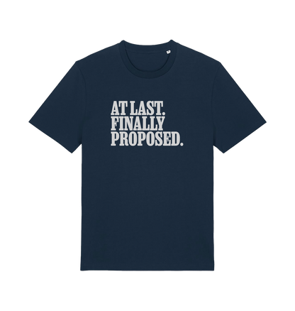navy matching t-shirt with the slogan 'at last finally proposed'