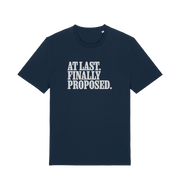 navy matching t-shirt with the slogan 'at last finally proposed'
