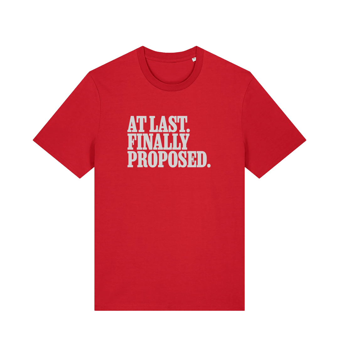 red matching t-shirt with the slogan 'at last finally proposed'