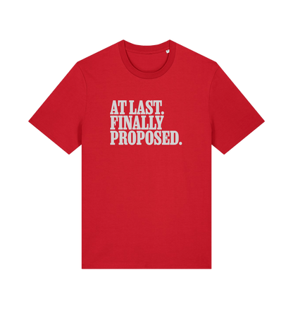 red matching t-shirt with the slogan 'at last finally proposed'