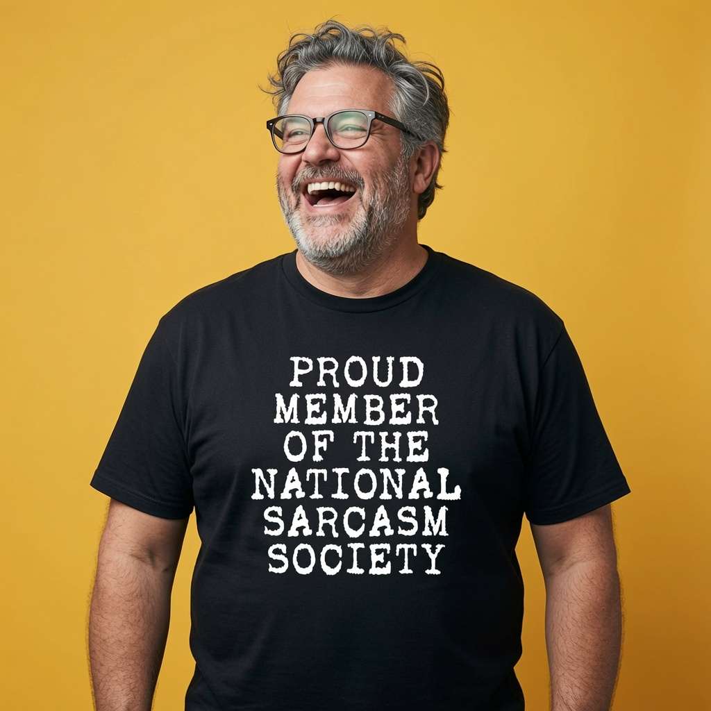 Man with glasses laughing while wearing a black Proud Member of the National Sarcasm Society t-shirt, funny and witty mens sarcastic text full of pure attitude