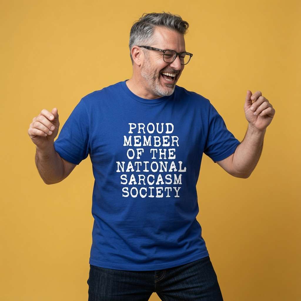 Man laughing with fists raised in a blue Proud Member of the National Sarcasm Society t-shirt, witty mens sarcastic personality text that every cynic will claim