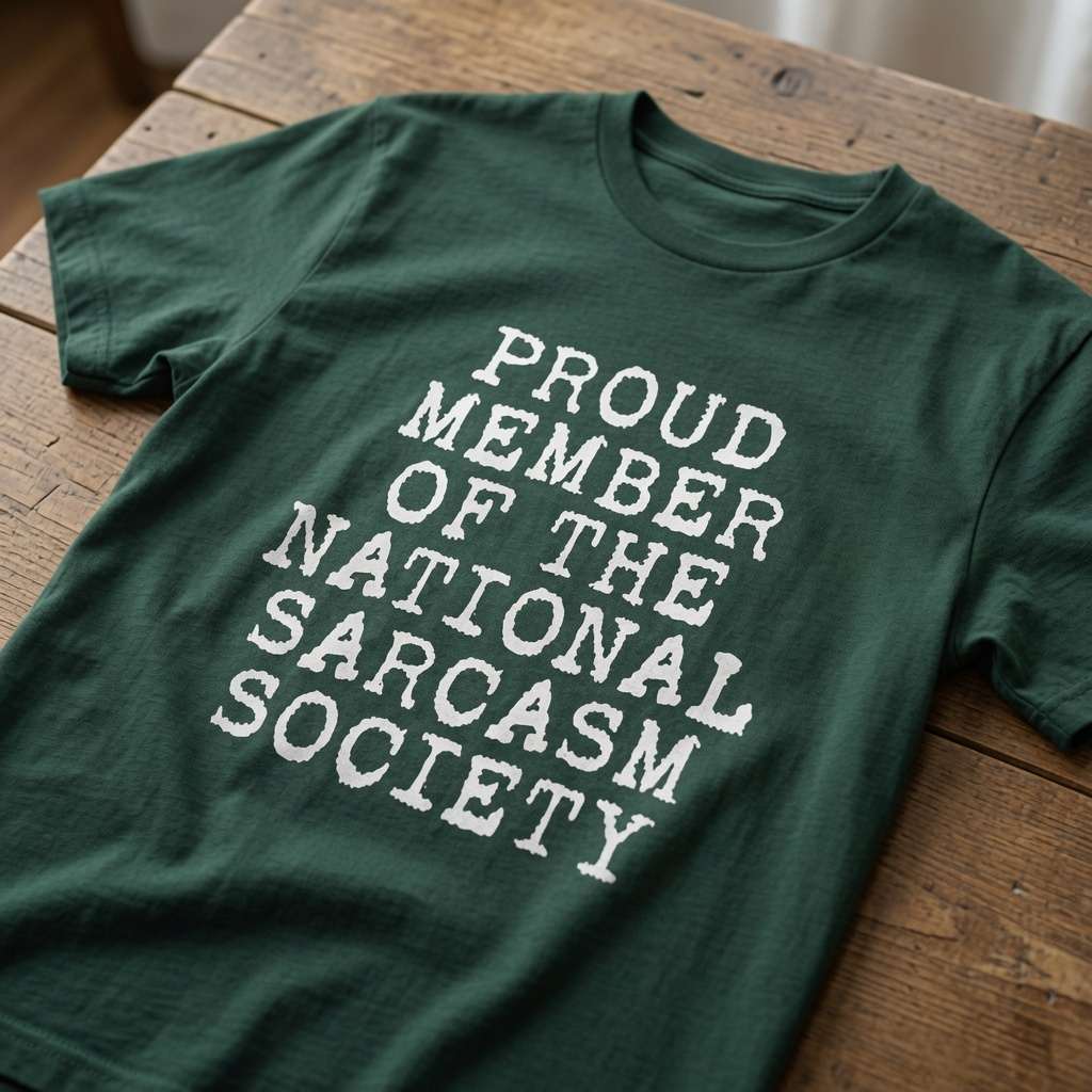 Dark green Proud Member of the National Sarcasm Society t-shirt laid flat on a wooden table with bold white text, funny mens sarcastic awareness slogan design