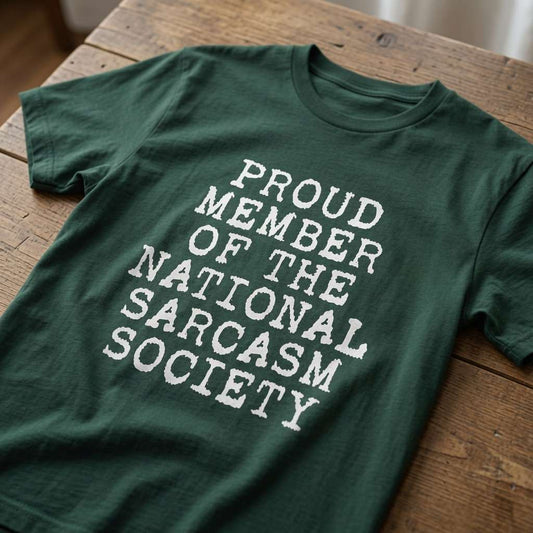 Dark green Proud Member of the National Sarcasm Society t-shirt laid flat on a wooden table with bold white text, funny mens sarcastic awareness slogan design