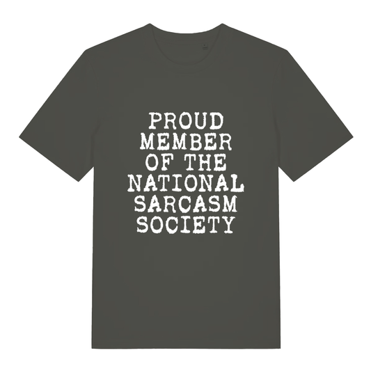 Khaki Proud Member Of The National Sarcasm Society funny slogan t-shirt with vibrant humorous artwork  