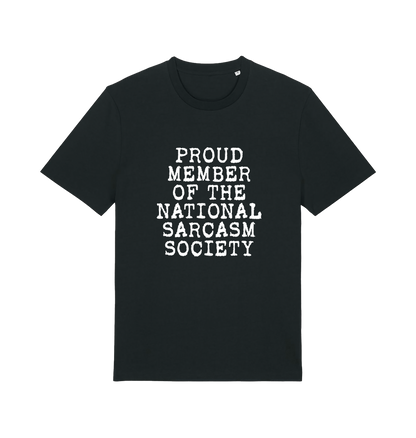 black sarcastic t-shirt with the slogan 'proud member of the national sarcasm society'