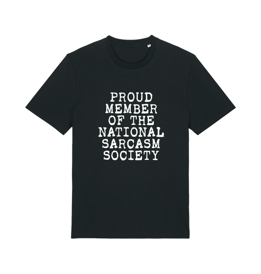 black sarcastic t-shirt with the slogan 'proud member of the national sarcasm society'