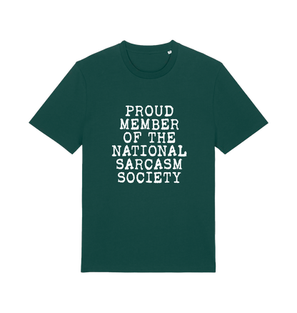 green sarcastic t-shirt with the slogan 'proud member of the national sarcasm society'