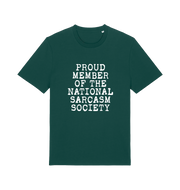 green sarcastic t-shirt with the slogan 'proud member of the national sarcasm society'