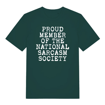 green sarcastic t-shirt with the slogan 'proud member of the national sarcasm society'