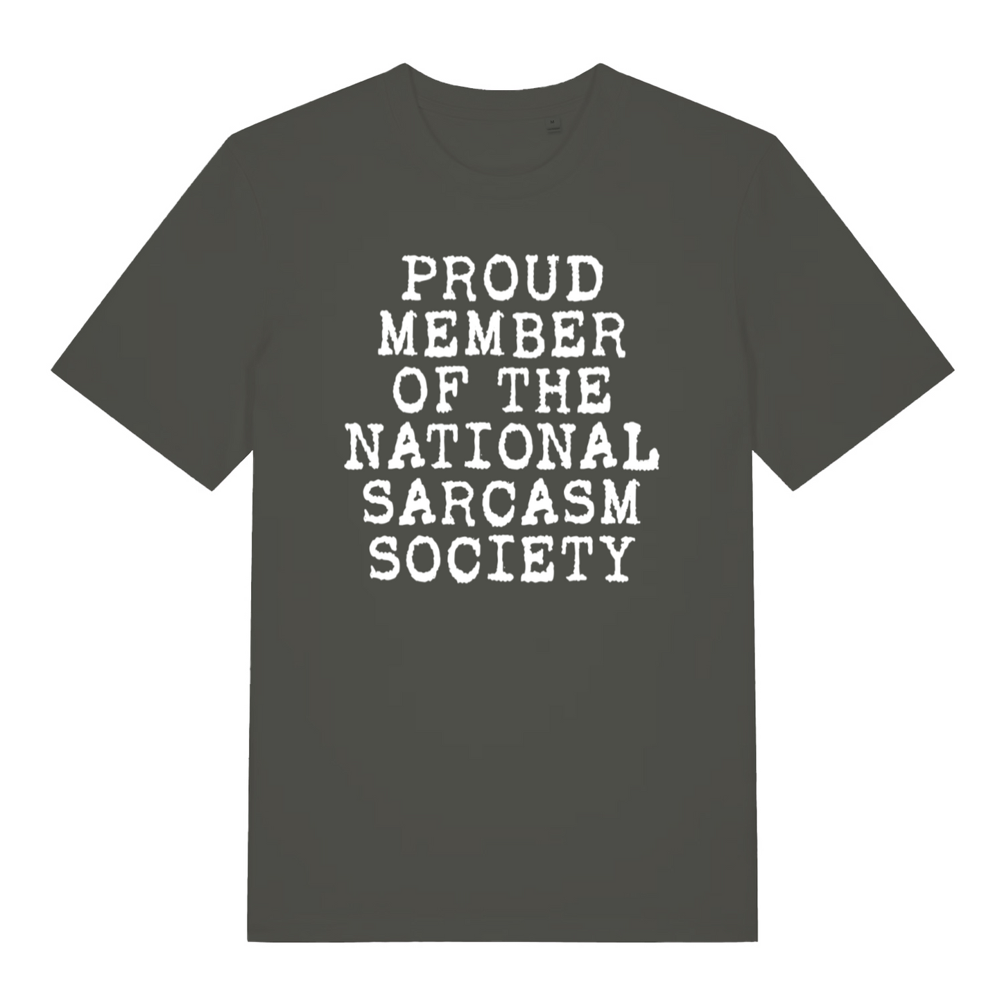 khaki sarcastic t-shirt with the slogan 'proud member of the national sarcasm society'