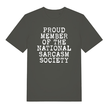 khaki sarcastic t-shirt with the slogan 'proud member of the national sarcasm society'
