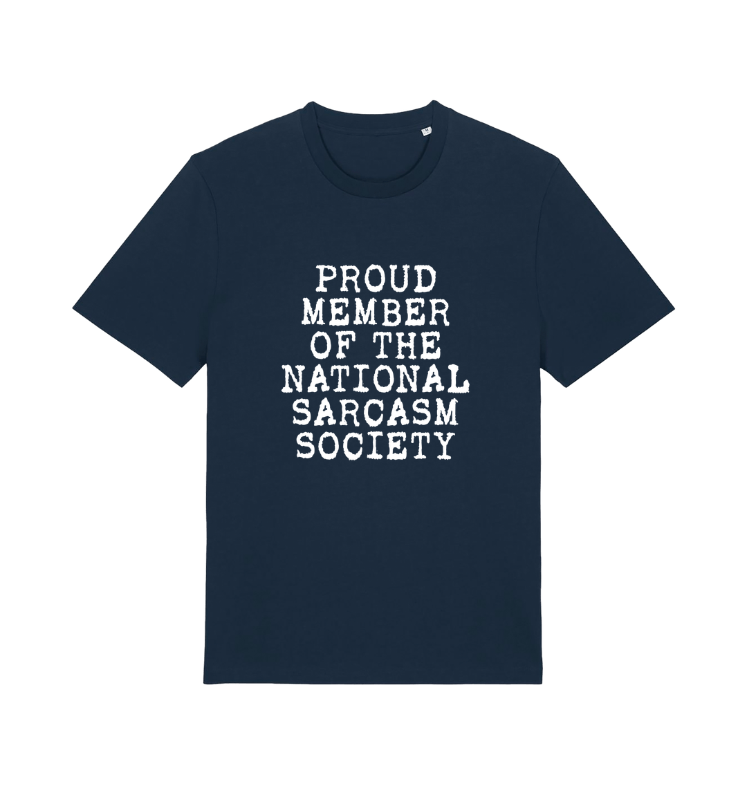 navy sarcastic t-shirt with the slogan 'proud member of the national sarcasm society'