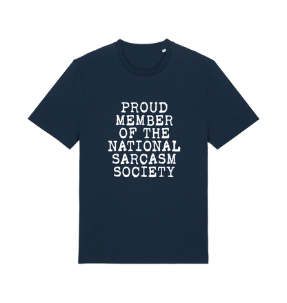 navy sarcastic t-shirt with the slogan 'proud member of the national sarcasm society'